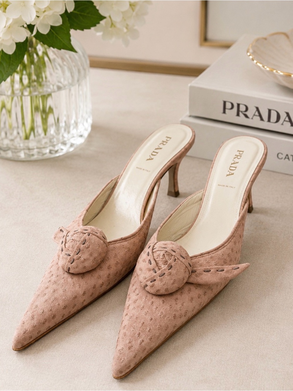 Prada eur 38 light brown suede pattenered mules  with rosette and pointy toe